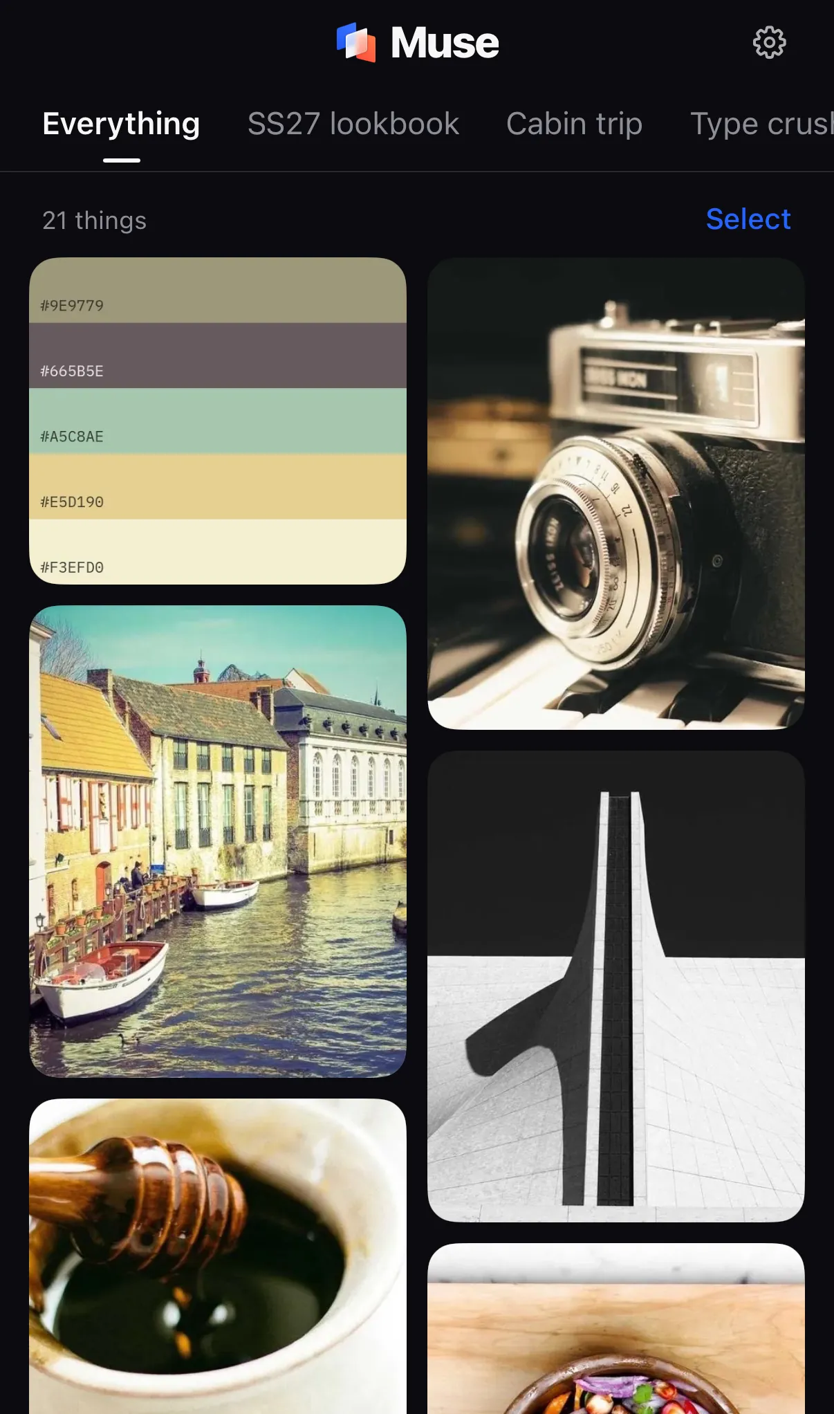 Muse on iPhone in dark mode: the Everything grid of saved images