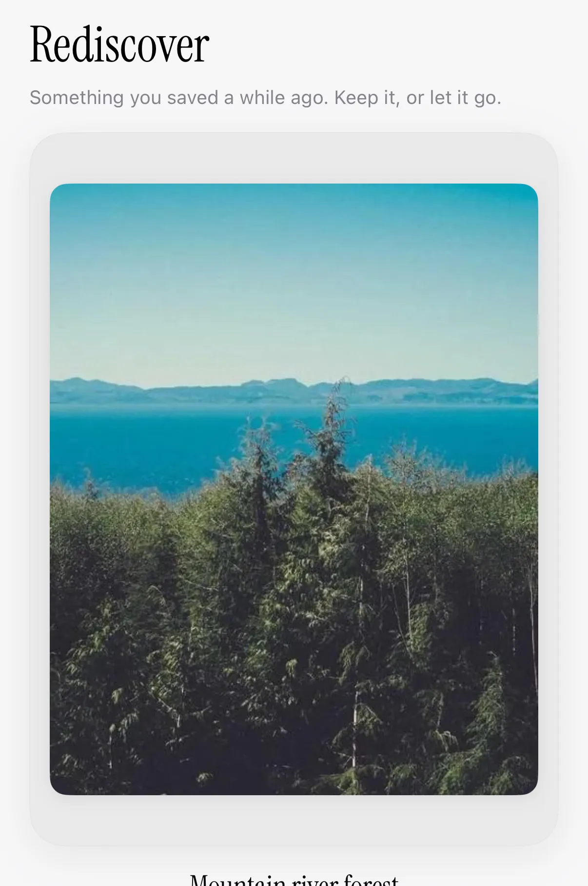 Muse Rediscover screen showing an old save, a lake and forest titled Mountain river forest
